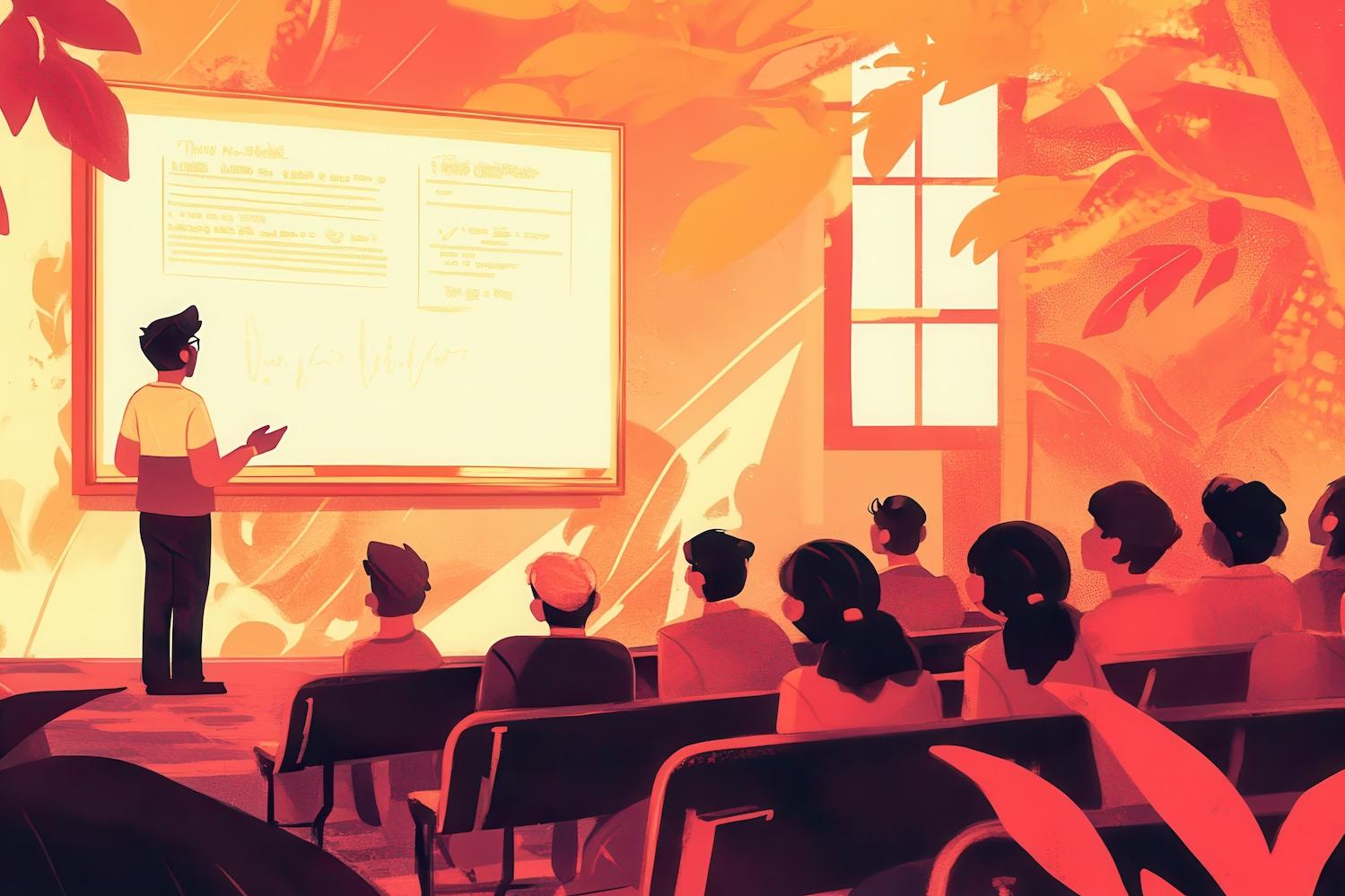 person speaking in a board room — graphic
